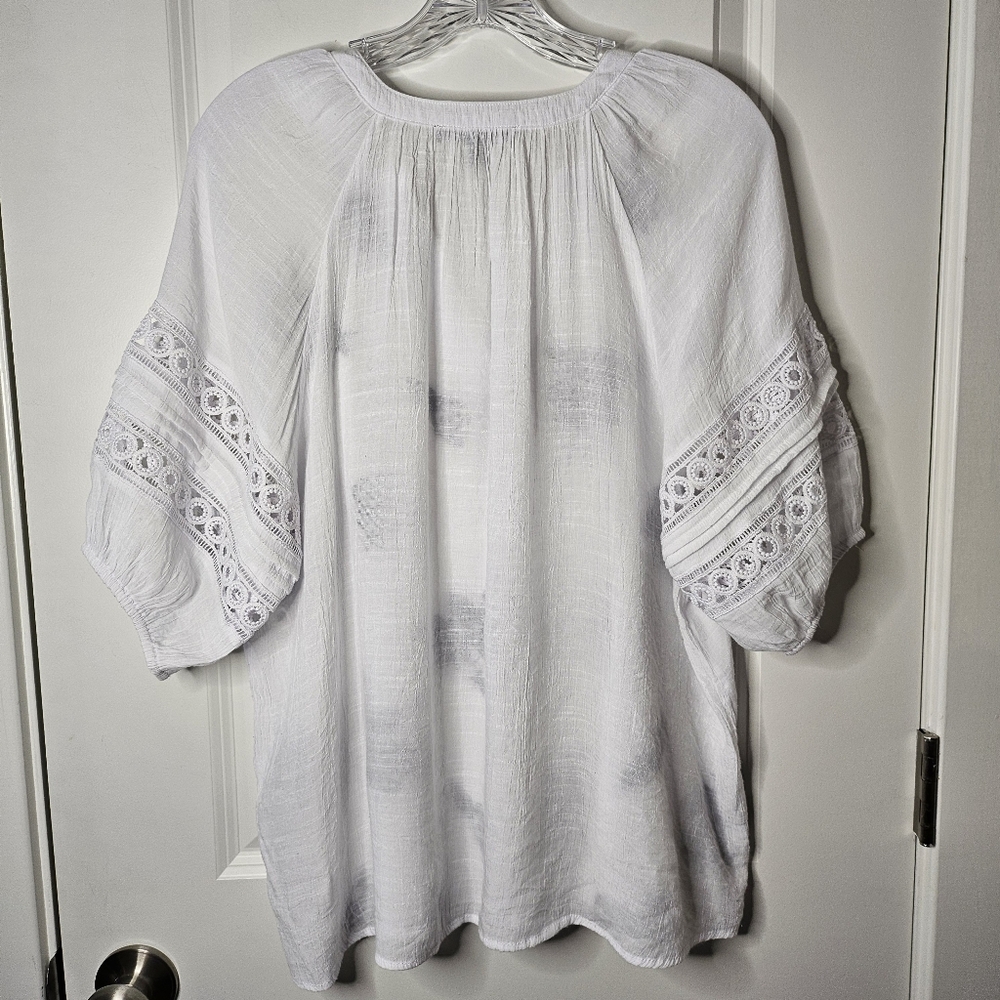 Como Blouse Black White Navy Embroidered Floral Boho Crochet Sleeve XL Loose - Picture 3 of 14
